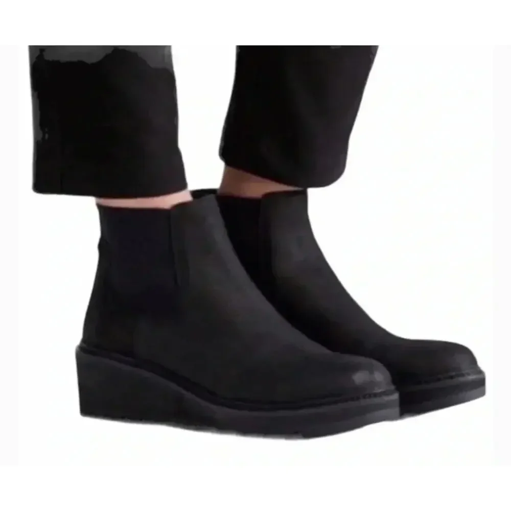 Eileen Fisher Ankle Boots Womens 11 Black Leather Chelsea Wedge‎ Heel Pull On